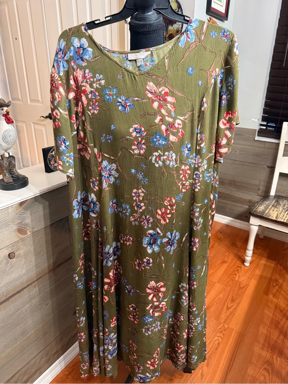 Woman Within Olive Floral Midi Dress with Blue and Pink Blooms